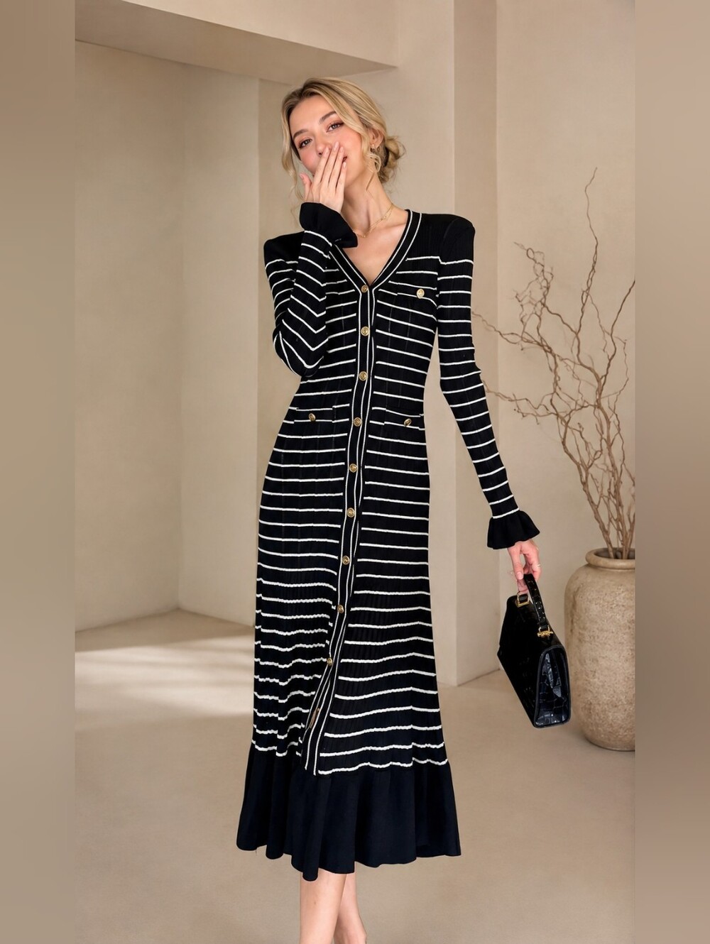 Sandro Elegant Black & White Striped Maxi Knit Dress with Button Front